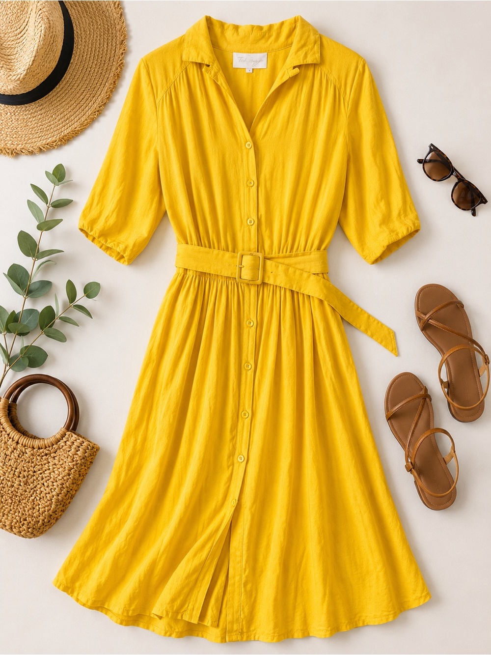 Vintage 80s 90s The Origin Mustard Yellow Rayon Belted Midi Shirt Dress L